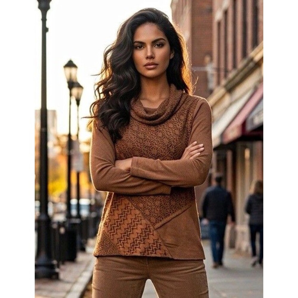 Cactus + Pearl Brown Geometric Knit Lace Cowl Neck Long Sleeve Tunic Blouse M